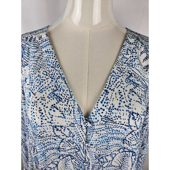 Parker Medium Silk 3/4 Sleeve Beverly Blouse Botanical Dots Floral Blue White - Picture 11 of 11